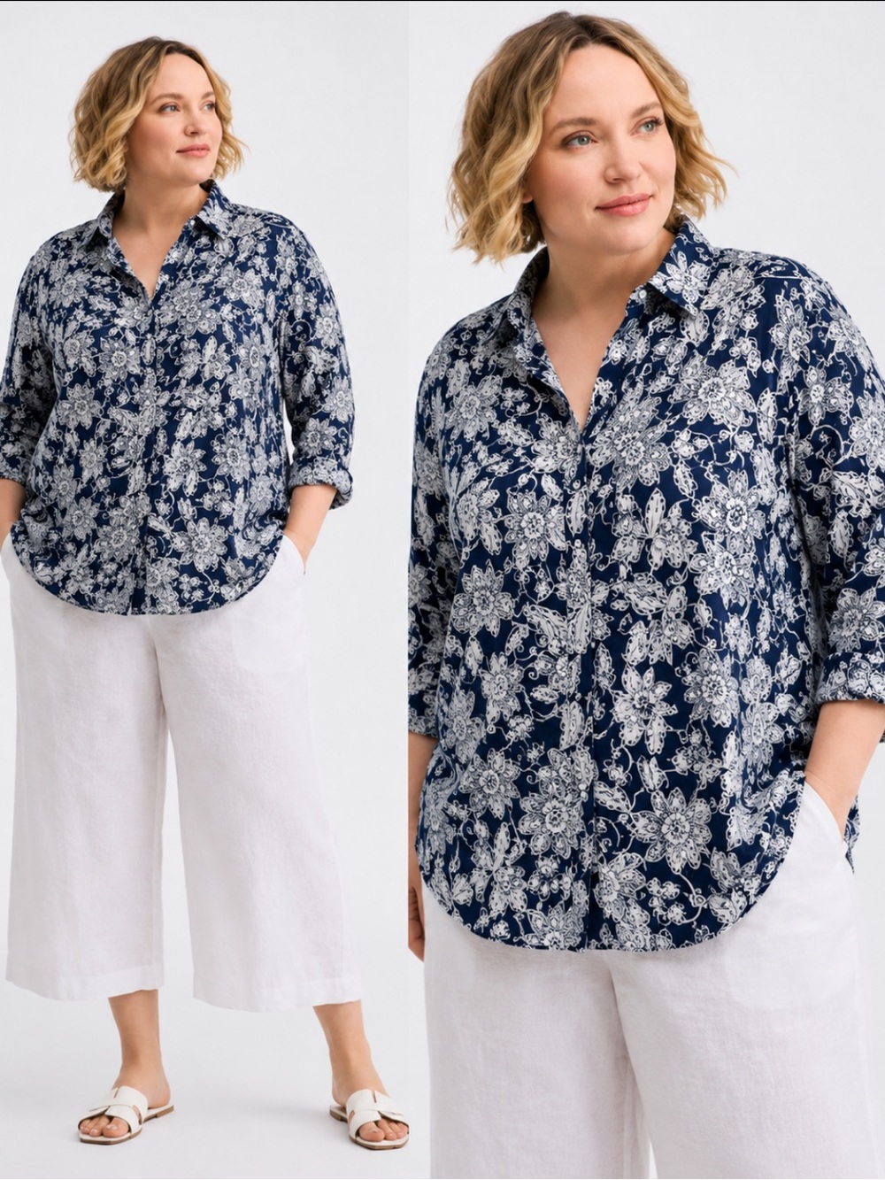 Charter Club 100% linen Floral Print‎ Roll tab long sleeve shirt size XL